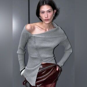 Women’s One Shoulder Knitted Top Grey, Size M